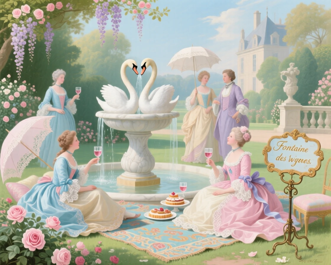 A marble fountain crowned with swans while courtly guests picnic nearby  