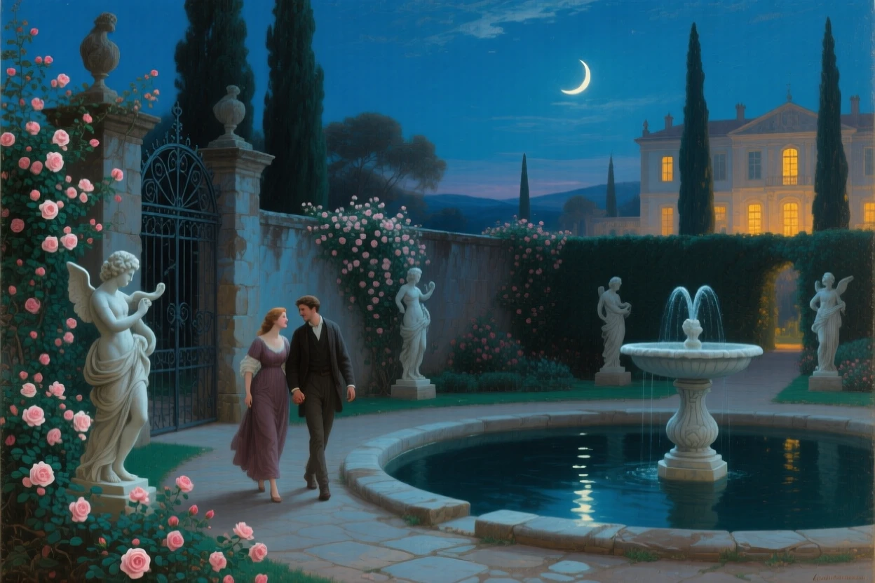 Near midnight, Two lovers in a moonlit walled garden, walking hand in hand beside a fountain, surrounded by climbing roses, marble statues, and a palace glowing beyond the cypress trees; a crescent moon glints across the water and stone, the scene feels secret, romantic, and serene.