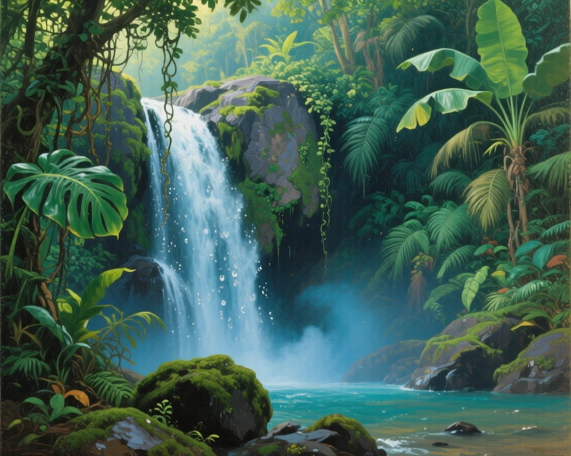 A hidden tropical waterfall veiled behind hanging jungle vines, as a soft blue mist settles over the lower elevations, evoking a profound sense of scale, silence, and wonder
