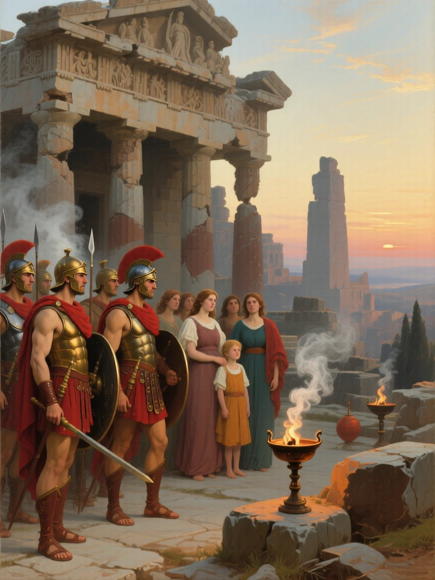 A band of Spartan warriors bidding farewell to their families at dawn with every eye fixed on the unfolding drama, set amid the ruins of a fallen citadel, as smoke from ceremonial braziers curls upward past carved friezes; the horizon splits the scene between earthly struggle and divine light, radiating triumph tempered by solemn sacrifice.