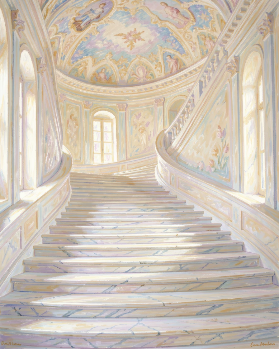 A grand staircase in a European palace, marble steps curving beneath a painted ceiling.