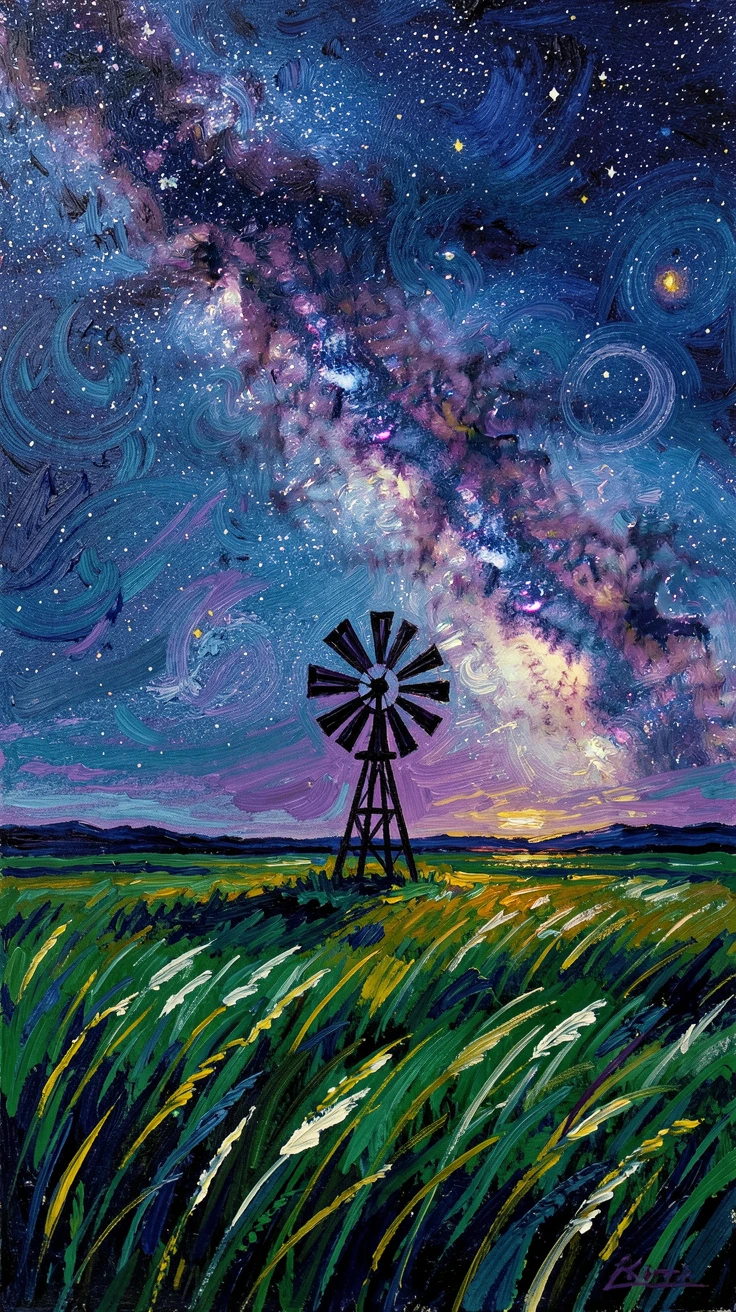 A vast prairie under a starry night sky, a lone windmill silhouetted against the Milky Way.