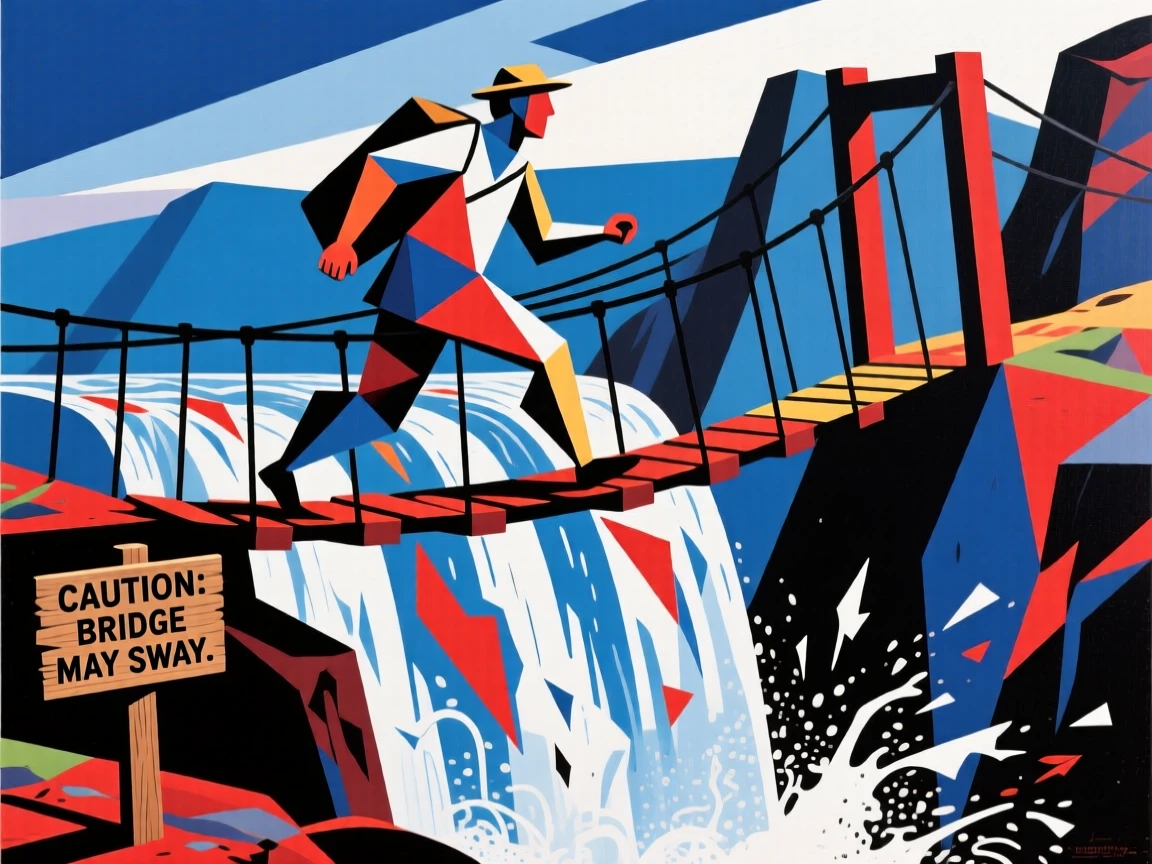 A traveler crossing a narrow suspension bridge above a roaring waterfall.
