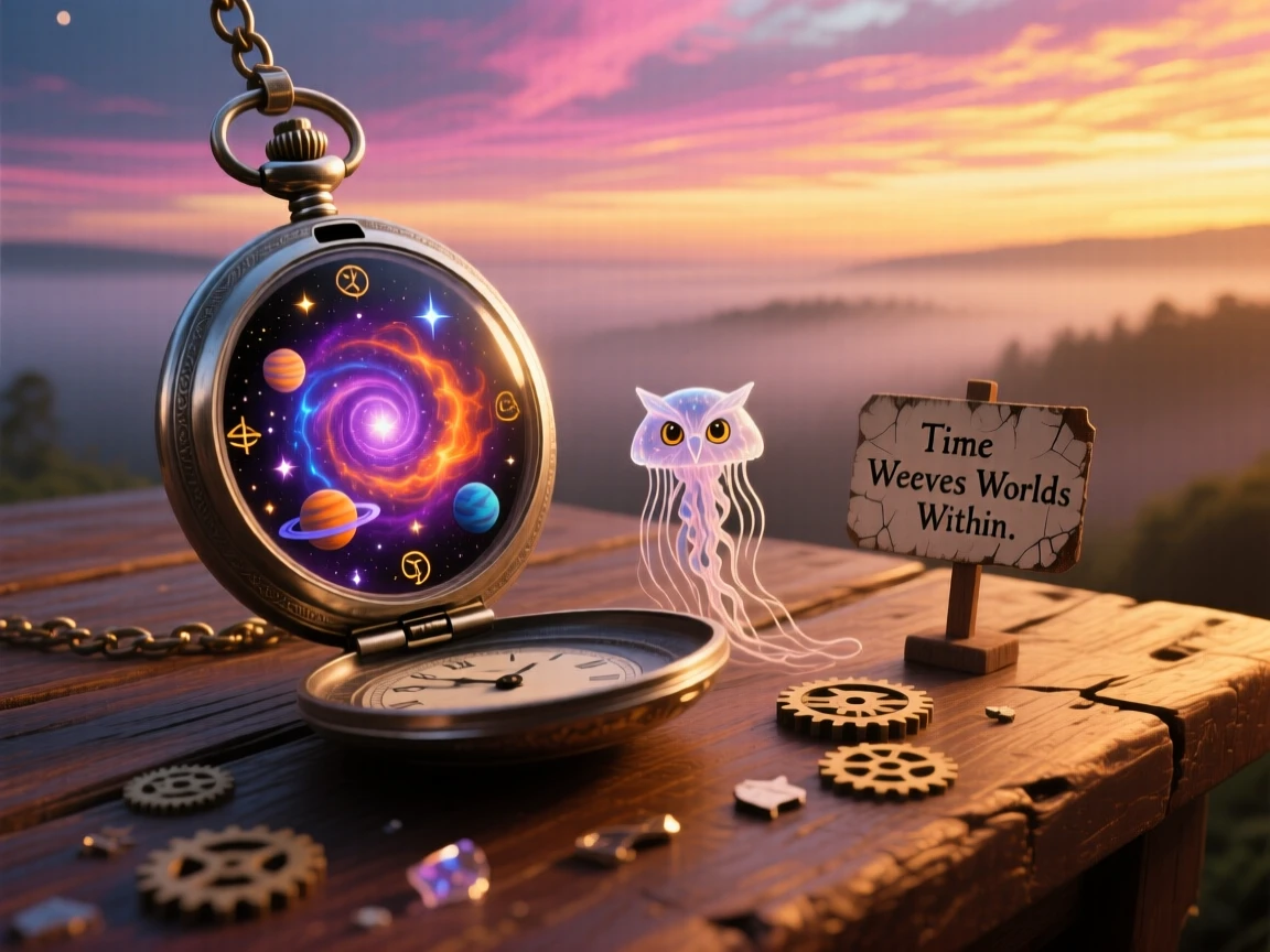 A tiny universe swirling inside an antique pocket watch hums quietly with a life entirely its own, while the object itself sits quietly on an ordinary wooden table.
