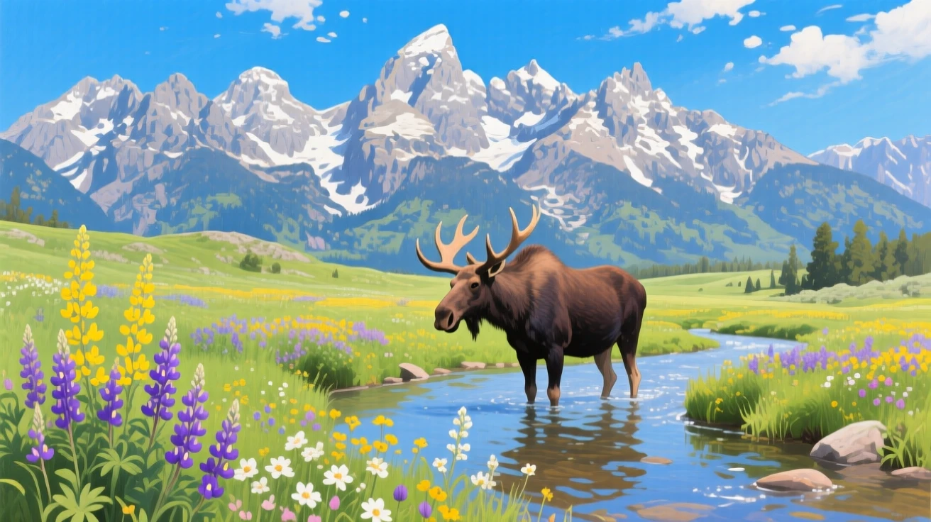 A tranquil alpine meadow beneath the Tetons bursts with wildflowers in July, a moose wading through a shallow stream, jagged gray peaks still holding patches of snow under a brilliant afternoon sky.