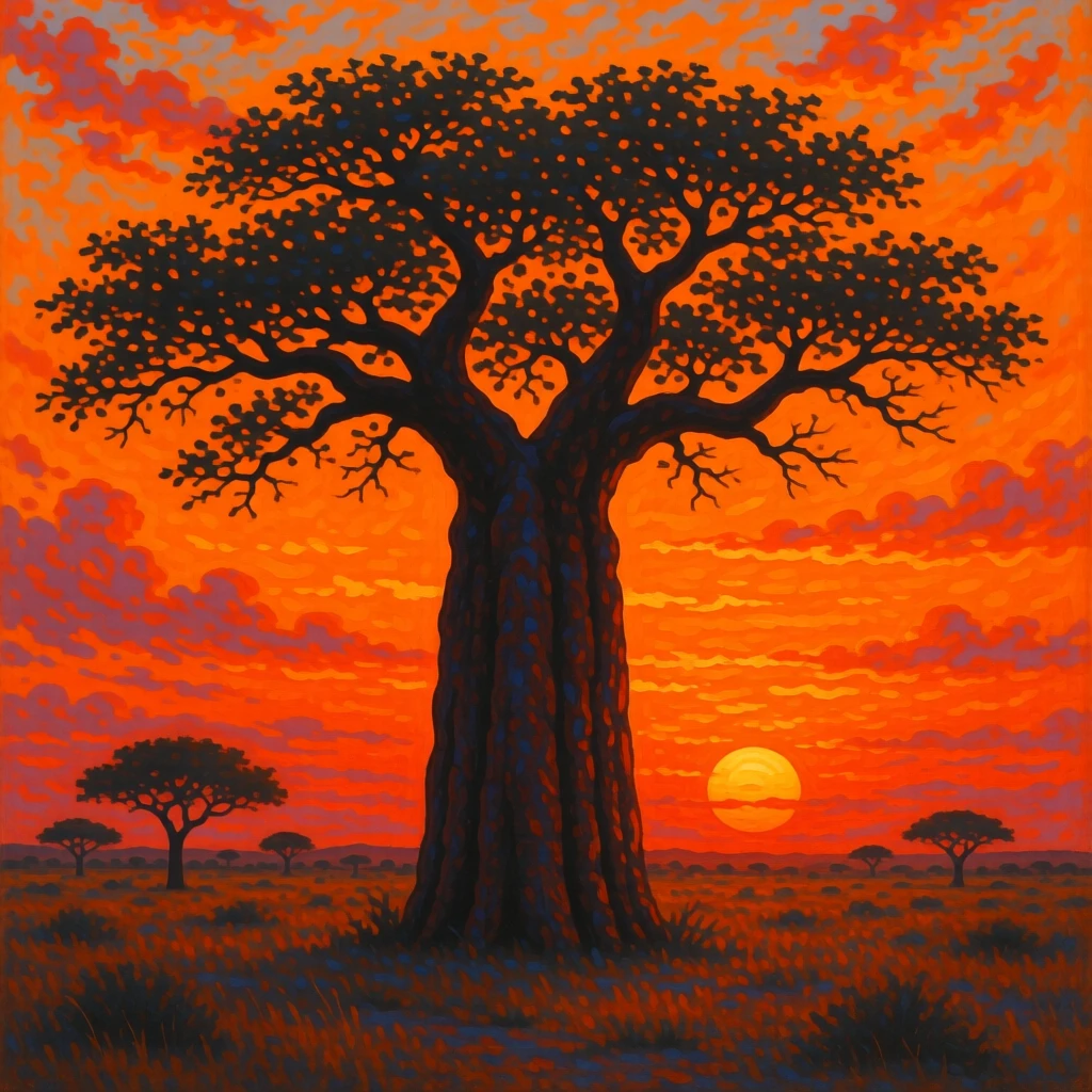 An ancient baobab tree standing alone on the African savanna, silhouetted against a fiery orange sunset