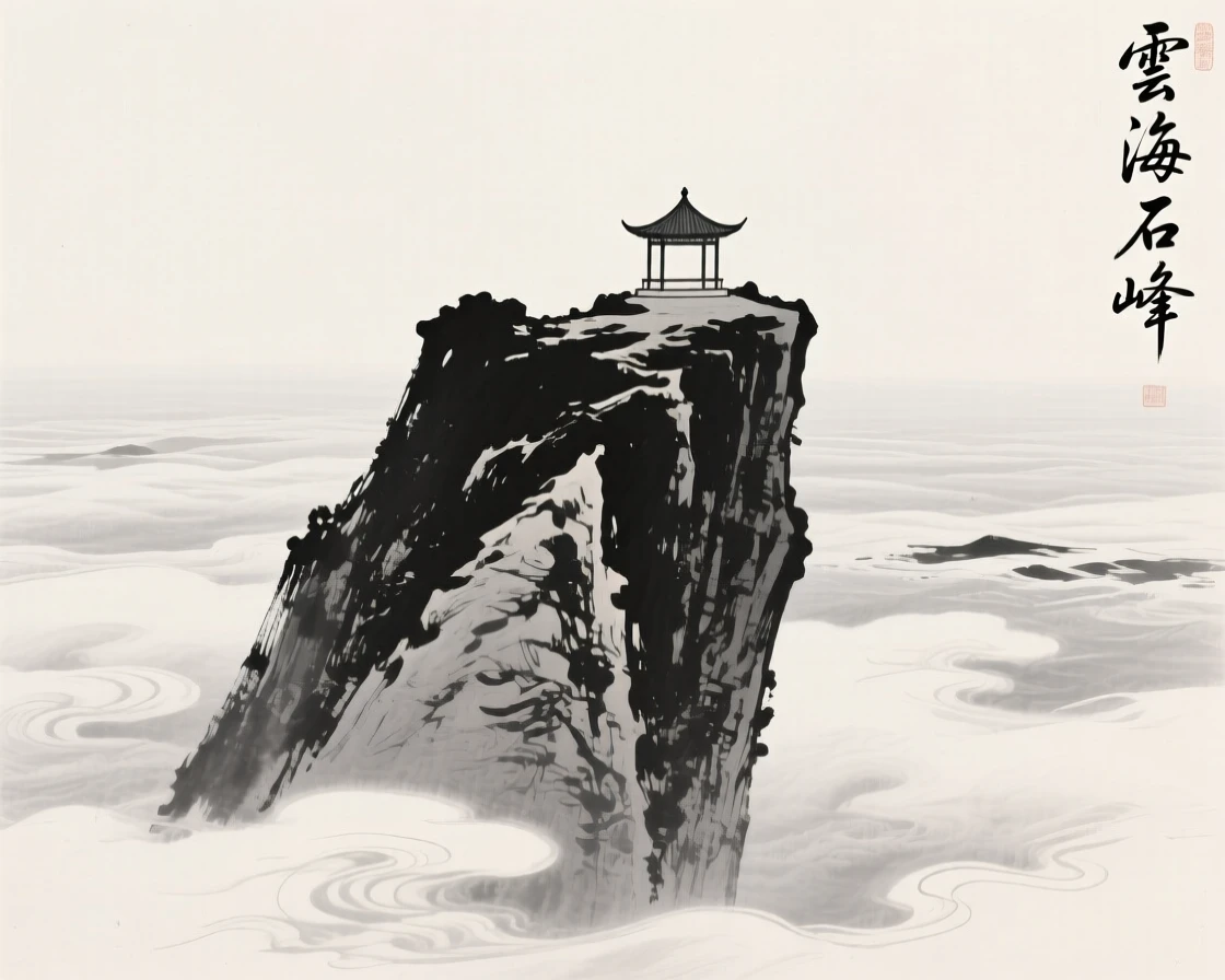 a jagged limestone peak, rising above a sea of clouds, with a small pavilion perched on a ledge.