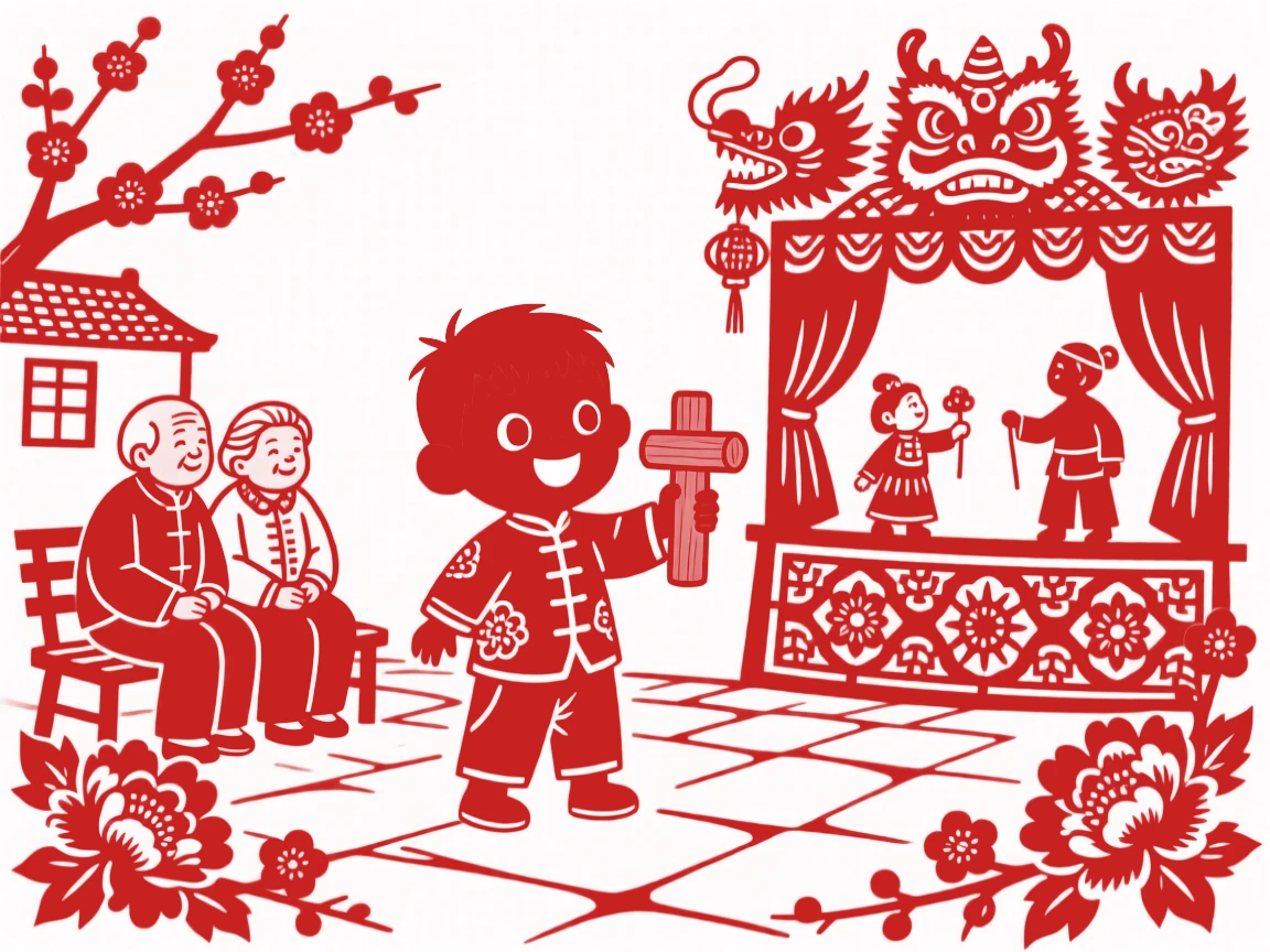 A small boy with a wooden toy, watching a puppet show with wide, delighted eyes, grandparents watching fondly from a nearby bench.