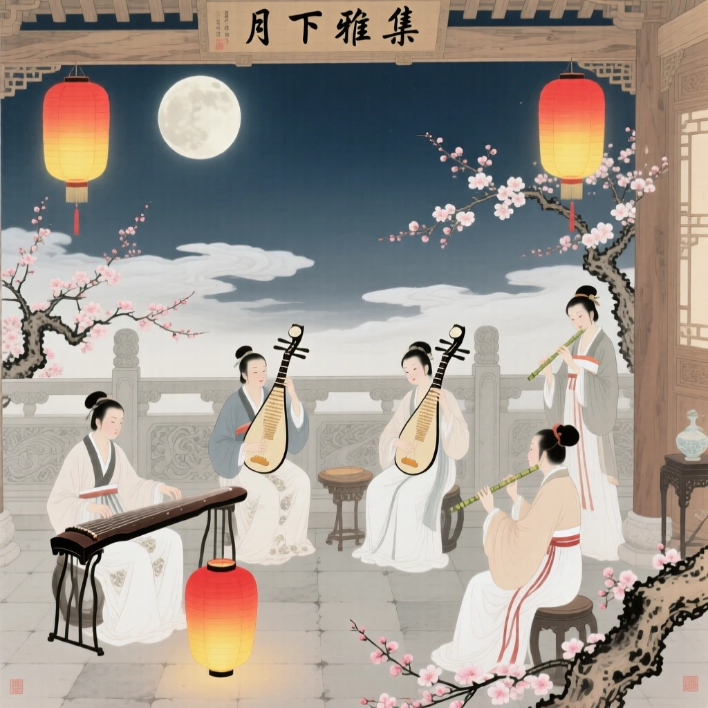 A moon-viewing party on a terrace with musicians and glowing lanterns