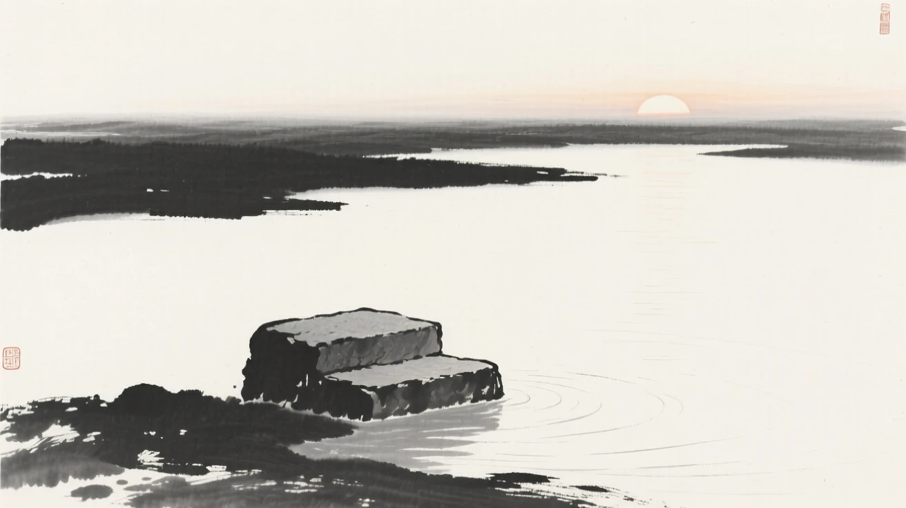 A single stone step leading into still water in the hush of early dawn, composed with vast open space to emphasize solitude, carrying a hushed, contemplative silence.