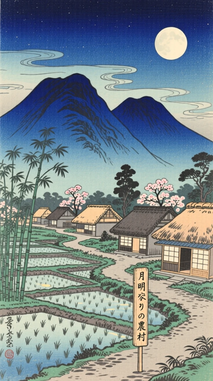 A twin-peaked ridge, rising above a quiet farming village, under a full moon.