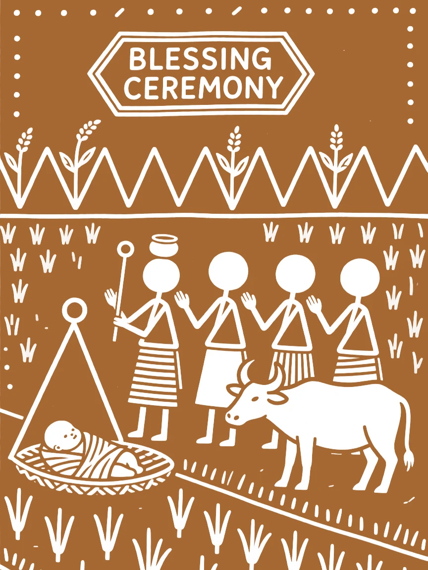 A cattle herder gathering to bless a newborn at the edge of a paddy field.