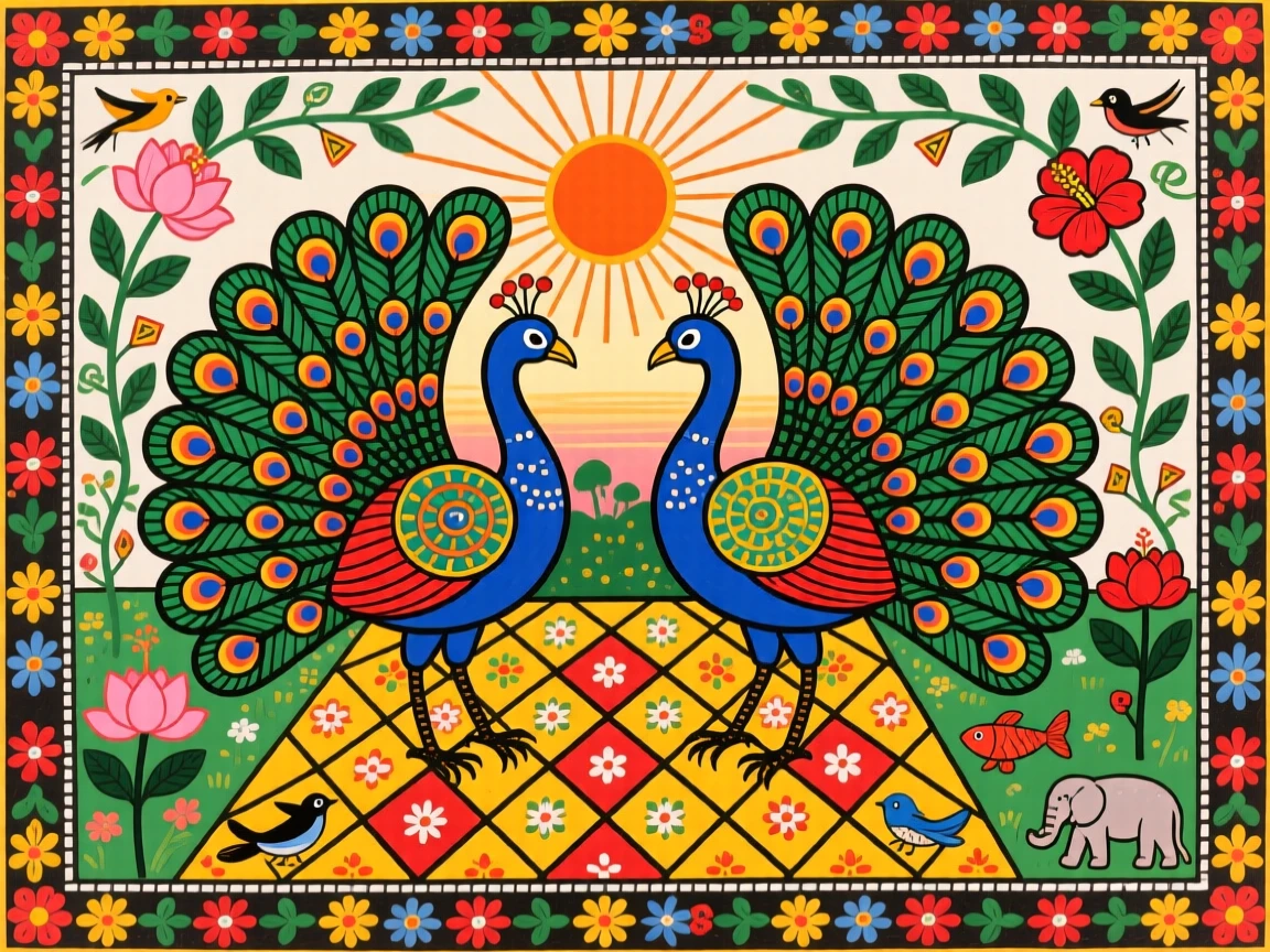 Two peacocks facing each other, tails spread, in a courtyard garden at dawn.