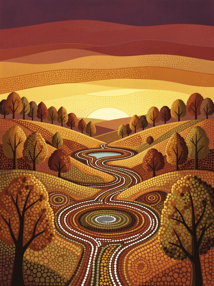 A golden autumn valley lit by the last light of day