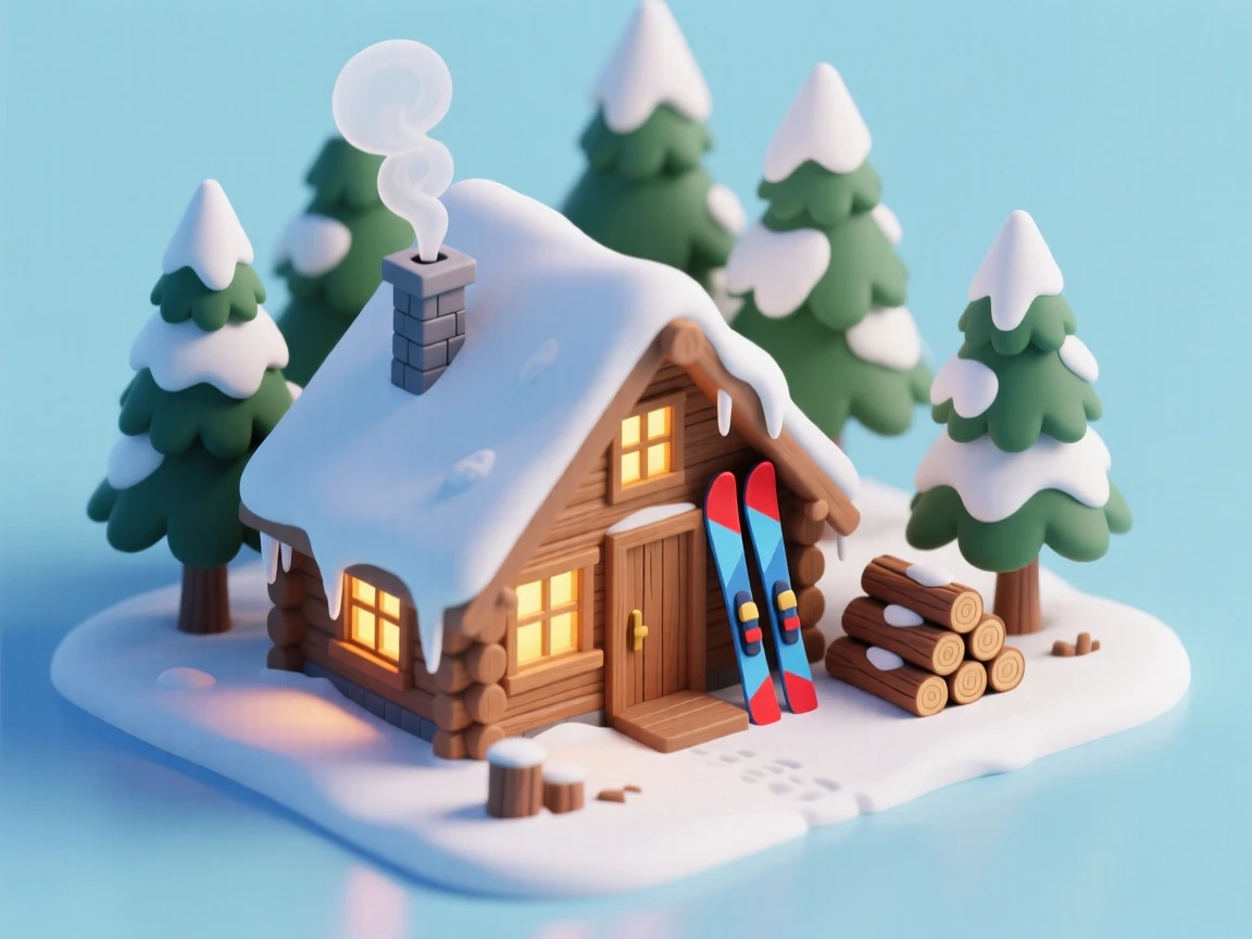 A cozy A-frame cabin nestled in snowy pines, smoke rising from the chimney, skis leaning by the door, a woodpile stacked neatly, and warm golden light glowing from every window.