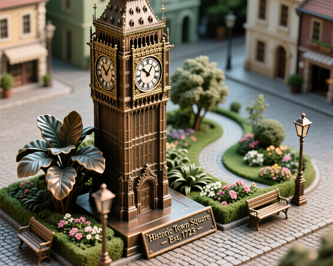 A majestic clock tower rising above a historic town square, surrounded by lush, verdant gardens, exuding timeless grandeur