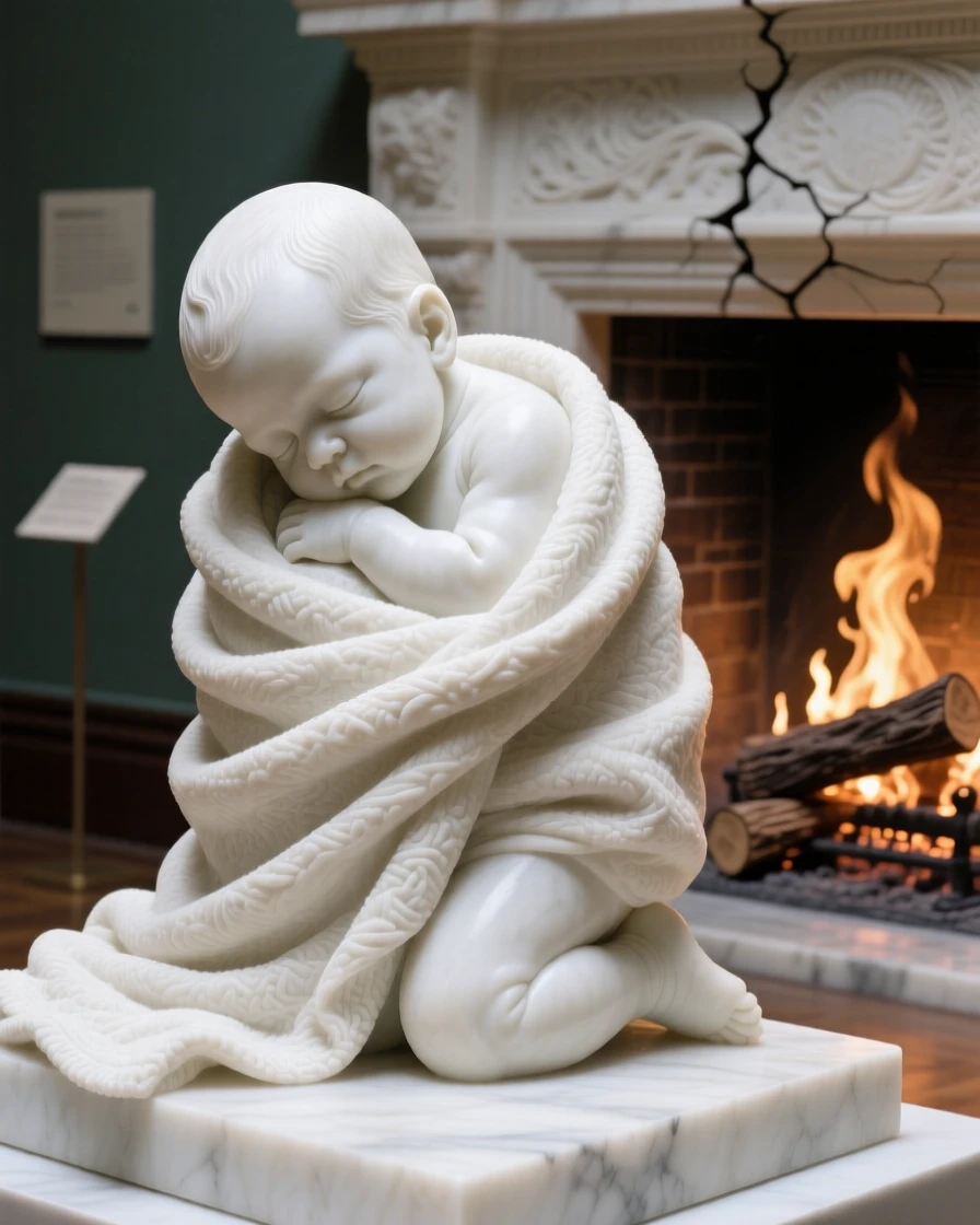 A close-up portrait of a newborn baby cradled in blankets, kneeling with head bowed in gratitude, beside a crackling fireplace, radiating quiet emotion and dignity