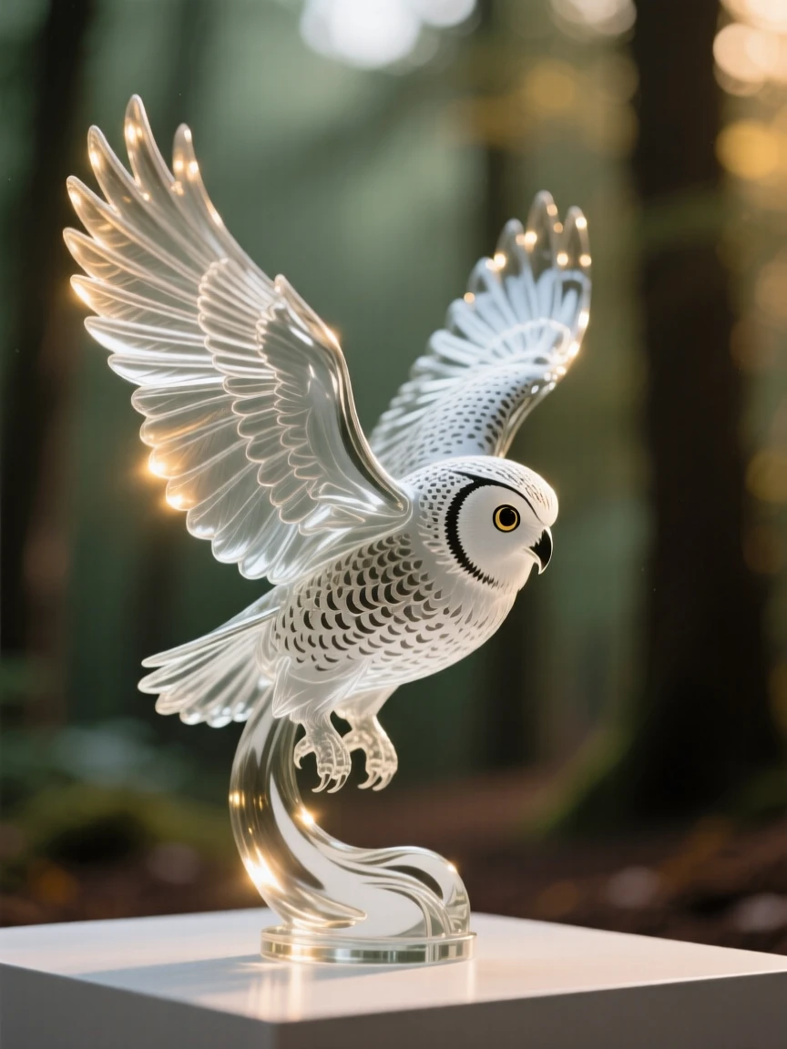 A snowy owl captured mid-motion against a soft-focus forest backdrop, golden hour light rimming its fur, conveying grace and wild energy.