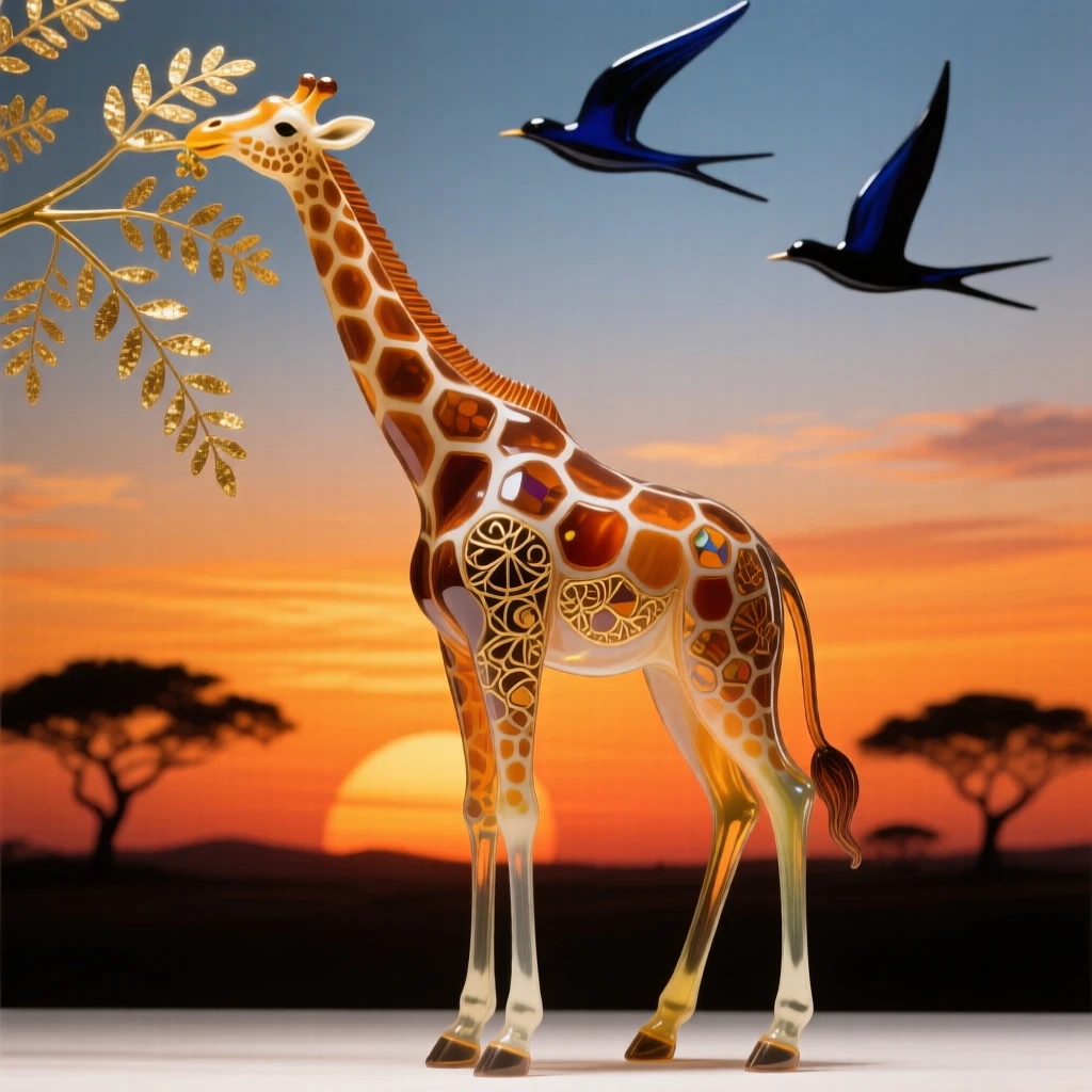 A giraffe reaching up to nibble acacia leaves under a blazing orange African sunset, graceful and calm, silhouetted birds crossing the sky.