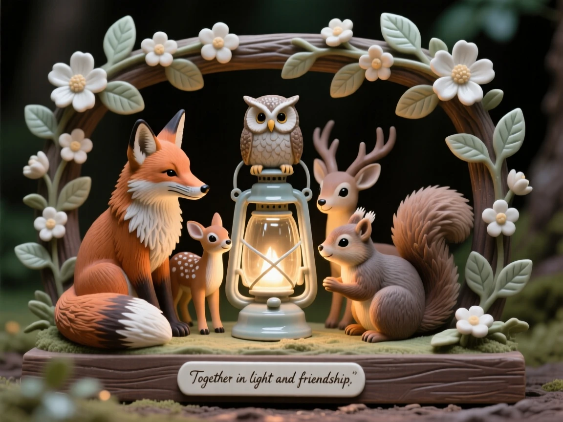 A group of forest animals gathered around a lantern gathered together in a heartwarming tableau, framed by miniature flowers and leaves, stirring nostalgic delight and warm laughter.