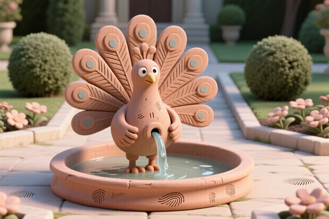 A peacock fanning its tail feathers in a formal garden fountain courtyard