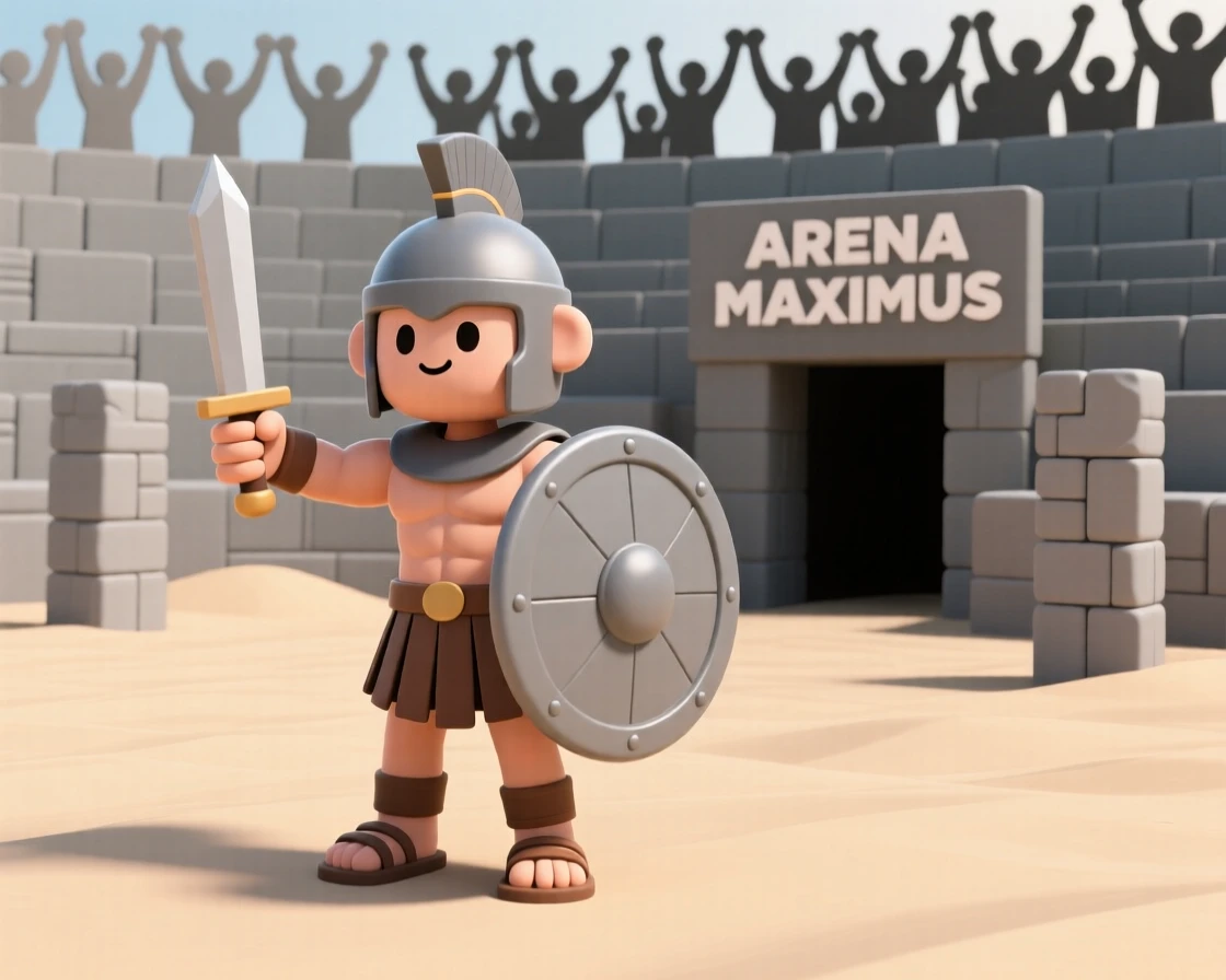 A Roman gladiator stands in a sandy arena, shield raised and sword ready, muscles tense as the crowd roars from the stone stands above.