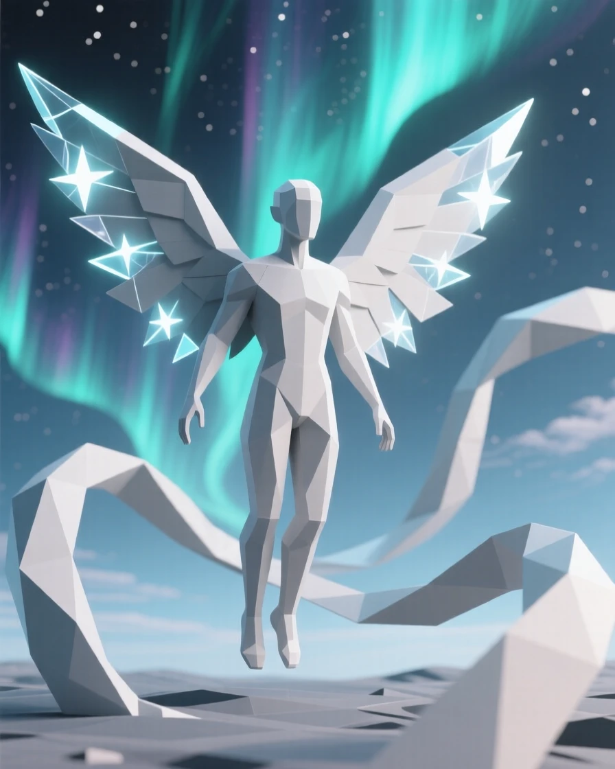 A celestial being with wings made of starlight, beneath a sky filled with swirling aurora light. the composition frames the subject as a clear focal point. The moment feels suspended between worlds.