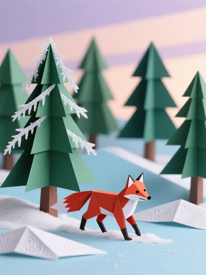 A frost-covered pine forest at dawn, sunlight catching on icy branches to create a sparkling effect, a small red fox trotting through fresh snow, conveying the crisp stillness of winter.