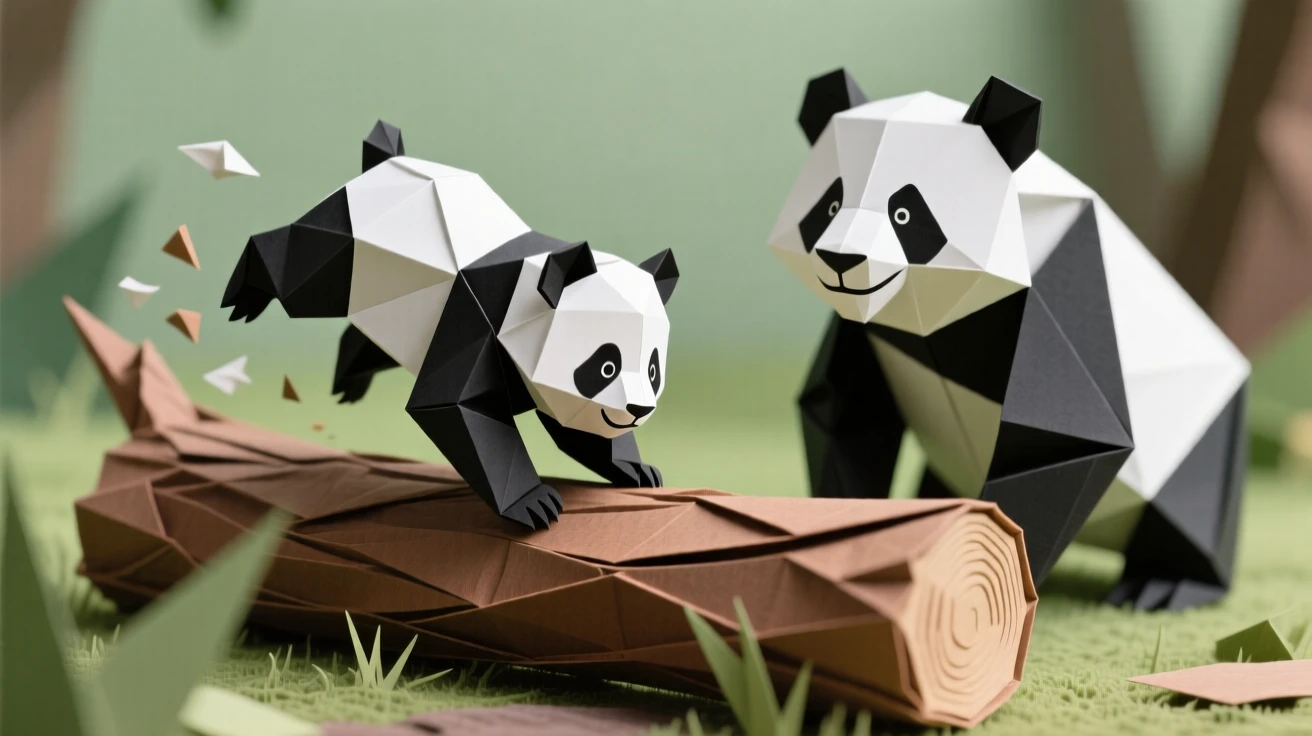 A panda cub tumbling backward off a log while trying to climb, mother panda watching with amusement nearby.