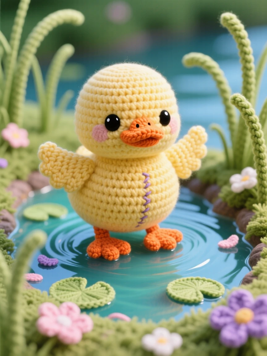 A heartwarming close-up of a plump duckling, with soft yellow down and a tiny orange bill, paddling forward with wings held out for balance in a shallow creek winding through tall grass; a scattering of soft flower petals completes the scene, radiating quiet contentment and gentle curiosity.