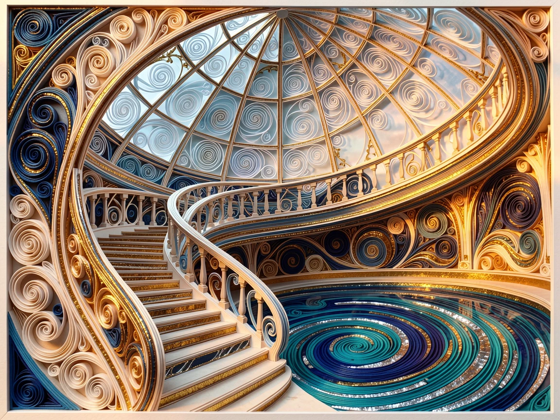 a grand staircase spiraling beneath a domed skylight, beside an infinity pool at golden hour, arranged with elegant symmetry and balance, with a subtle metallic gold shimmer.