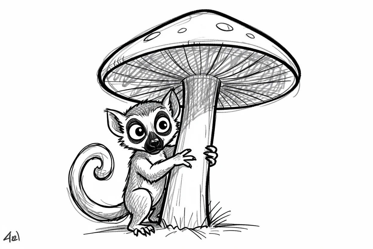 A wide-eyed lemur peeking from behind a mushroom.