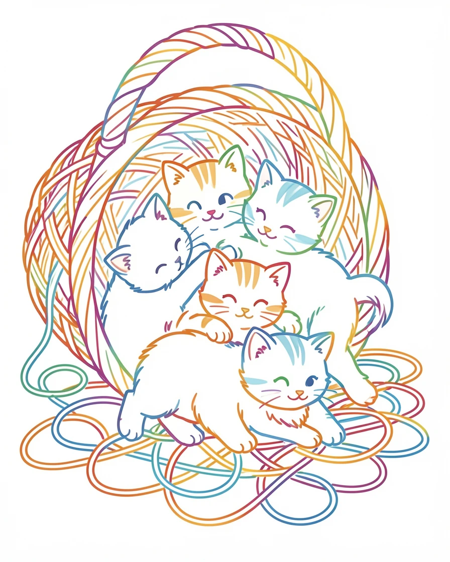 A litter of kittens tumbling over each other inside an overturned yarn basket, tangled threads everywhere.