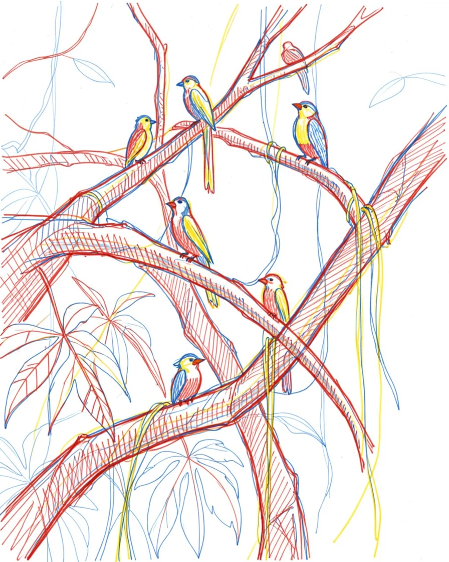 A tropical rainforest canopy seen from below, vines hanging and colorful birds perched on branches