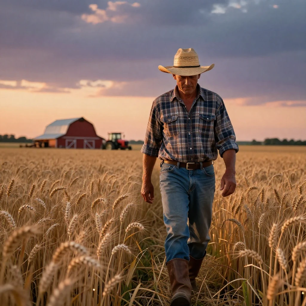 A farmer walking through a golden wheat field at dusk