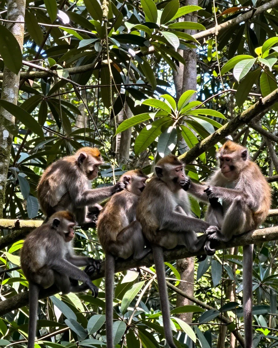 A troop of monkeys grooms each other in the branches of a rainforest canopy.