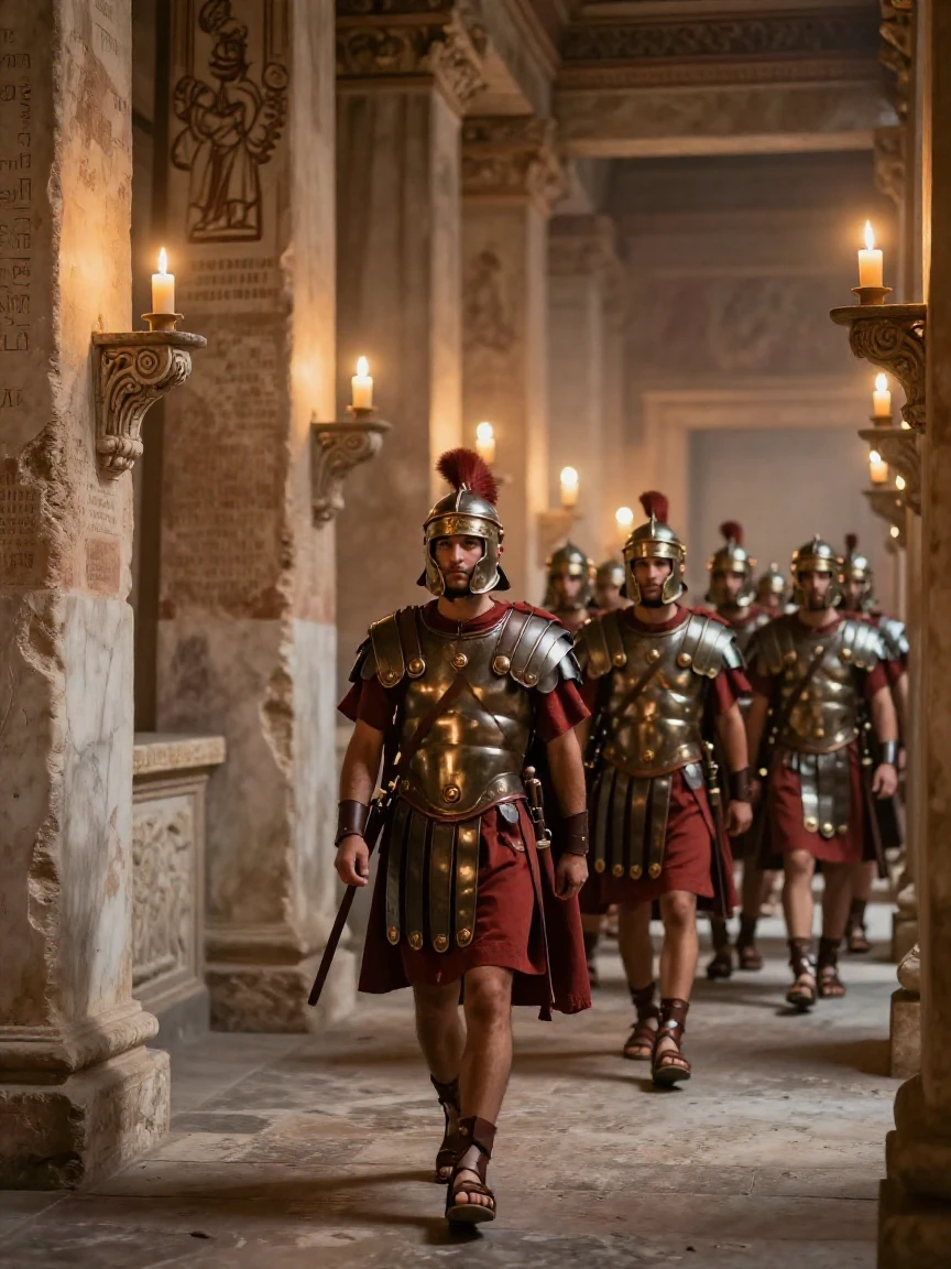 A company of Roman soldiers walking along a candlelit temple corridor