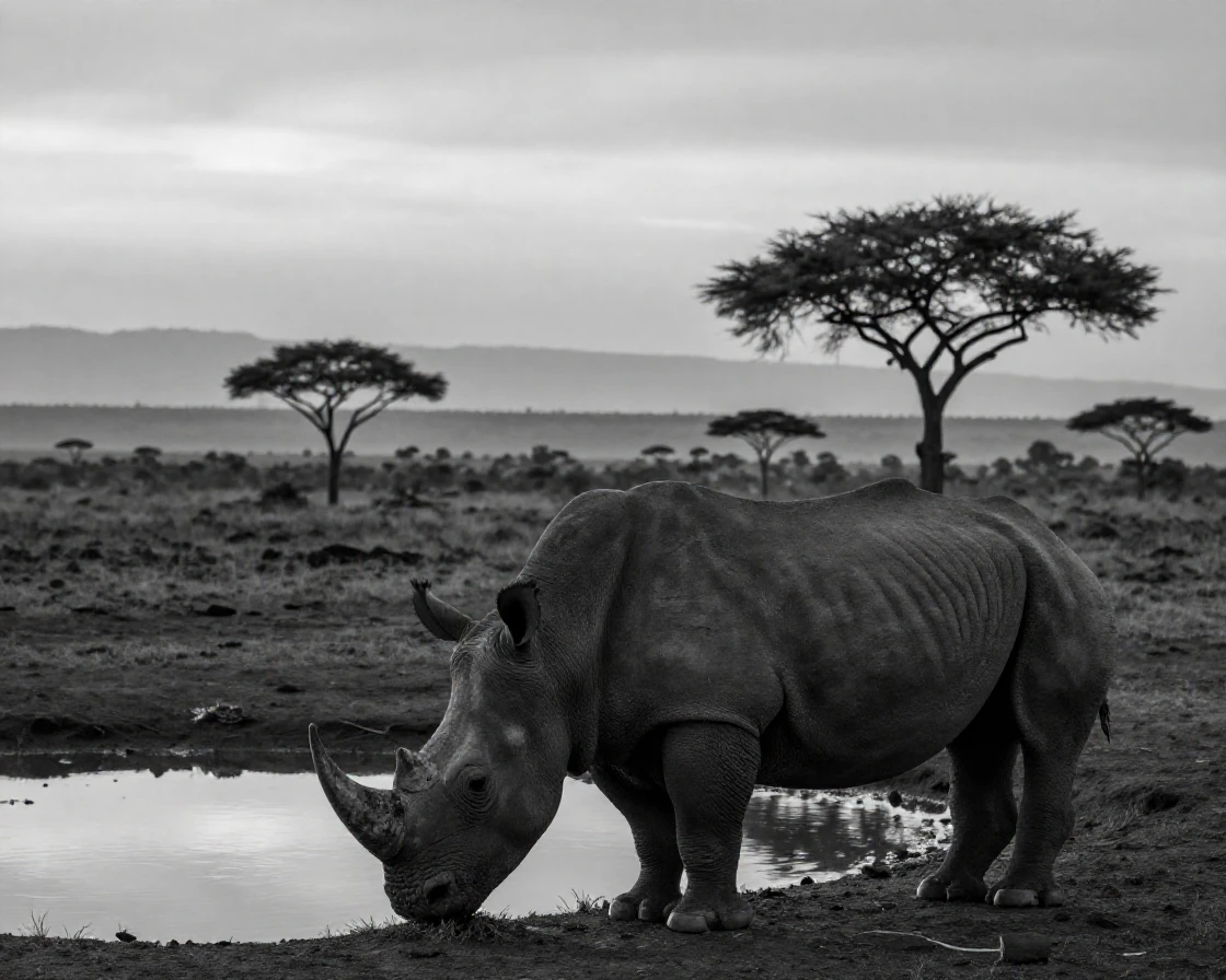 A rhinoceros grazes near a watering hole at dusk on the African savanna.