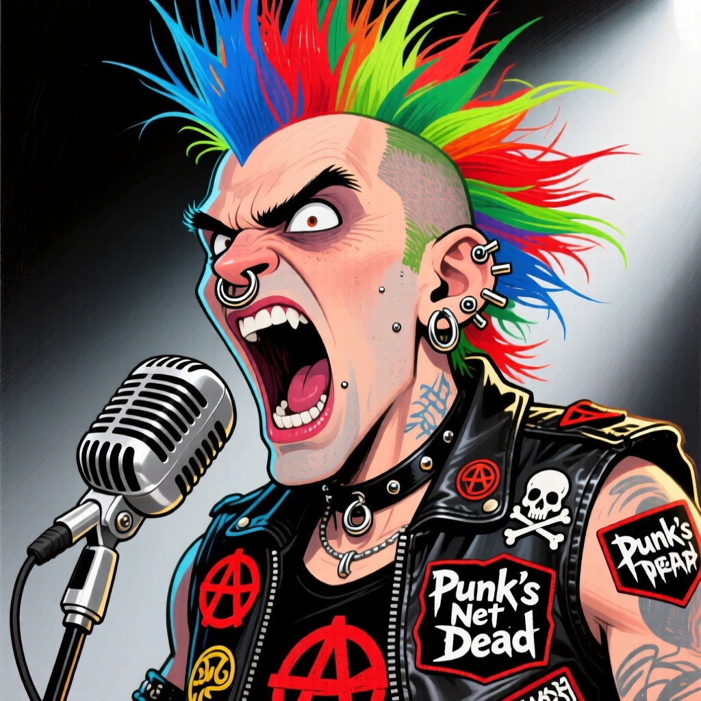A punk-rock musician with a colorful mohawk, multiple piercings, and a leather vest covered in patches, mid-shout into a microphone.