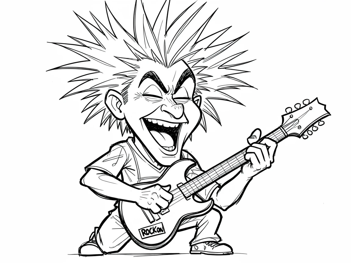 [People Portraits & Characters] Portrait of a rock star headbanging on stage with an electric guitar and spiked hair, full of personality and charm