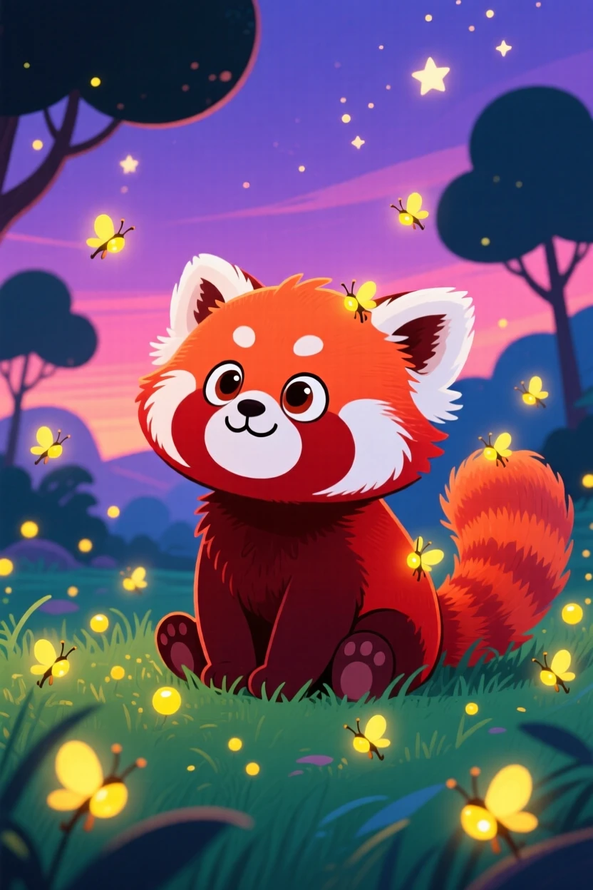 A young red panda watching fireflies at dusk.