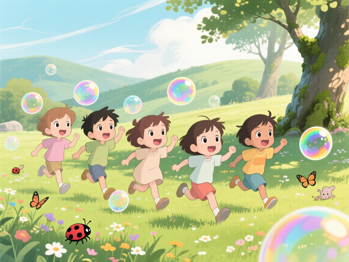 A group of children chasing bubbles across a sunny lawn, the moment bursting with curiosity.