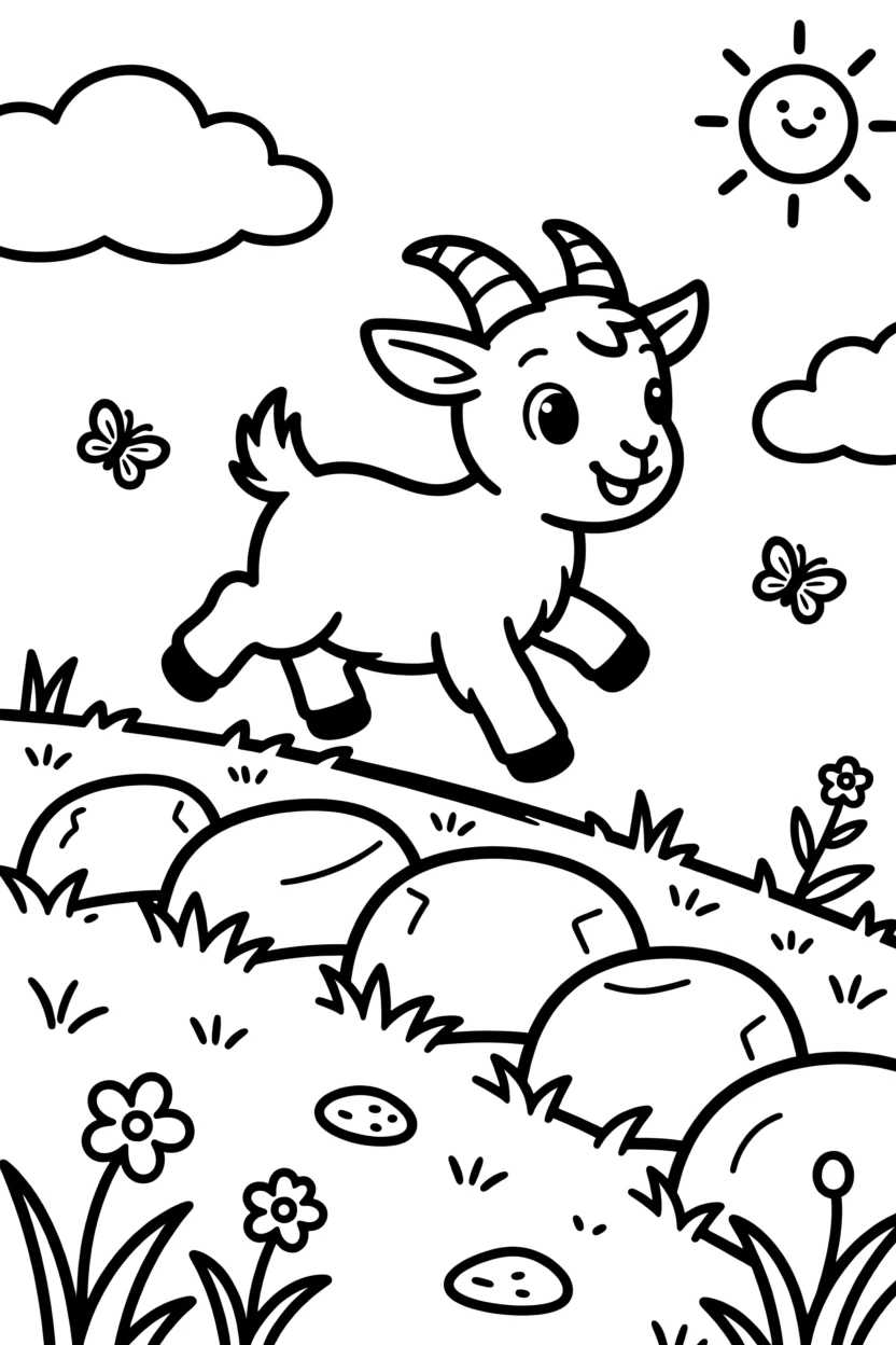 A baby goat hopping across rocks on a grassy hillside