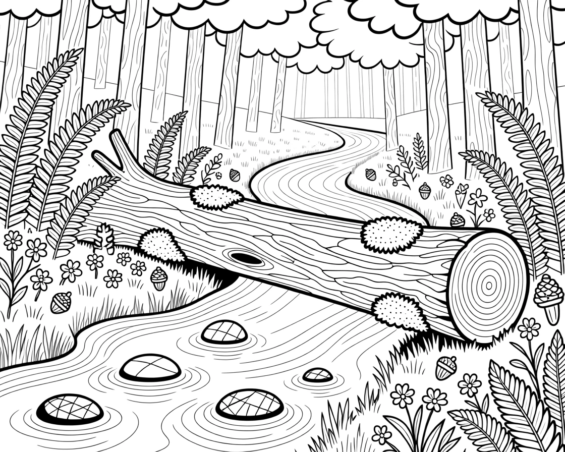 A mossy woodland stream crossed by a fallen log, surrounded by ferns.