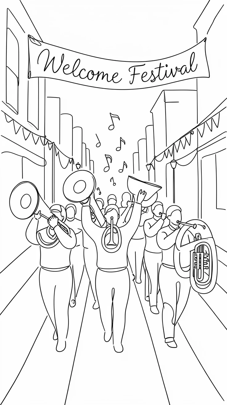 A brass marching band leading a parade through a festive city street