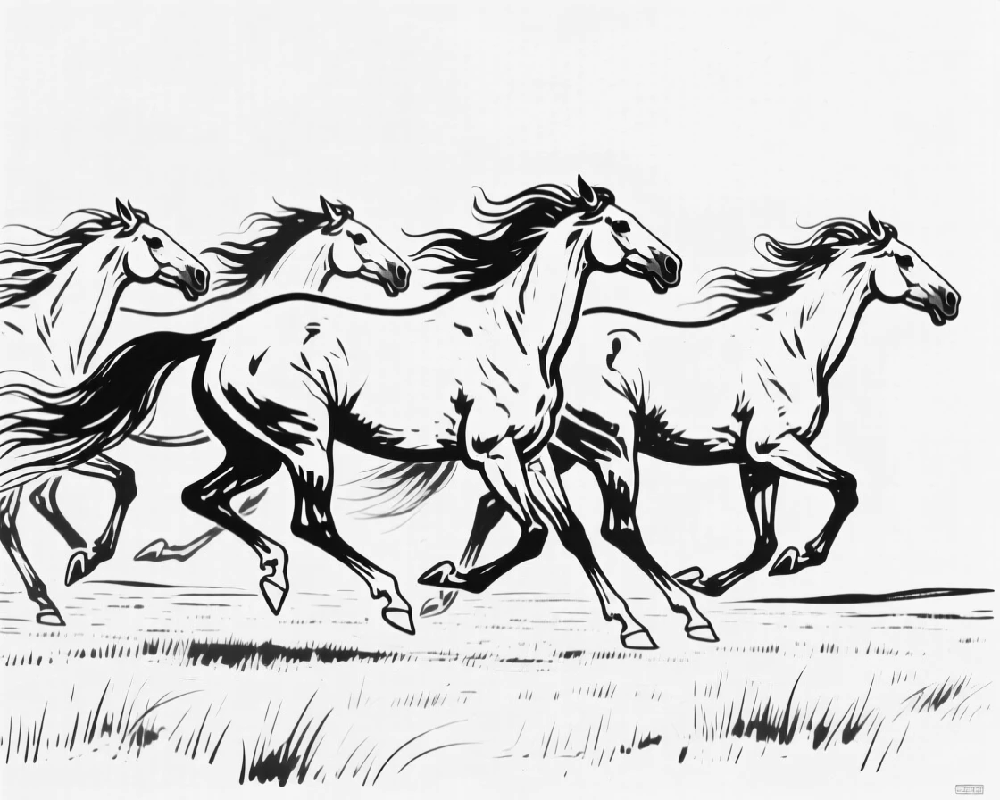 A herd of wild horses galloping across an open prairie, manes flying in the wind.