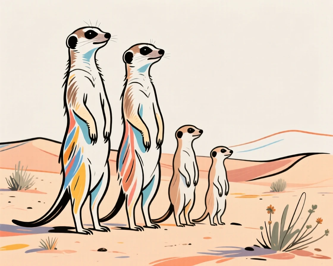 A family of meerkats standing alert on their hind legs in the desert.