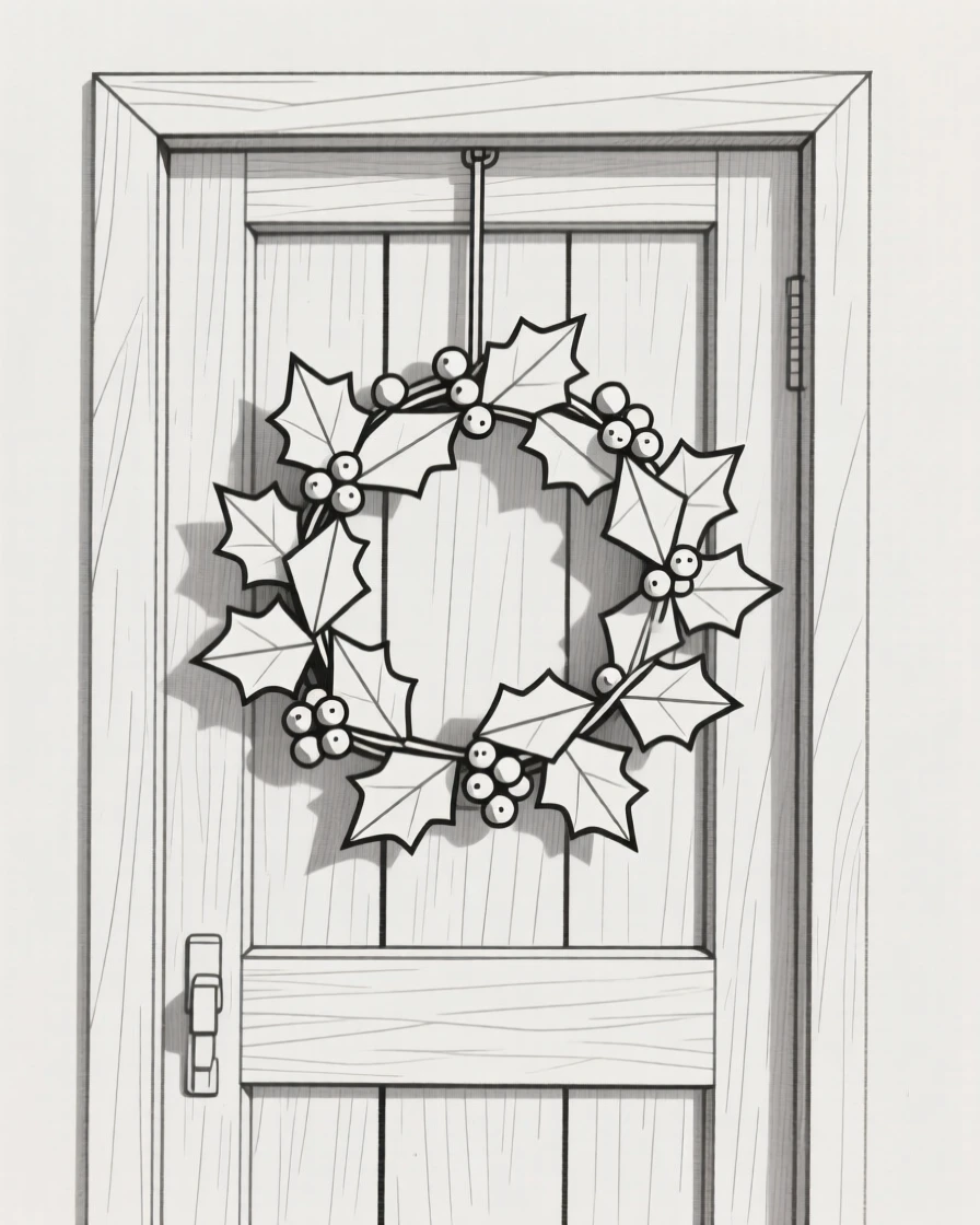A wreath of holly hanging on a wooden door