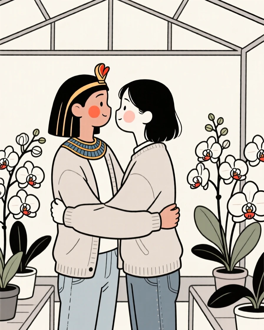 A confident teenager of Egyptian heritage in a soft cardigan and jeans, sharing a tender embrace, in a greenhouse full of orchids.