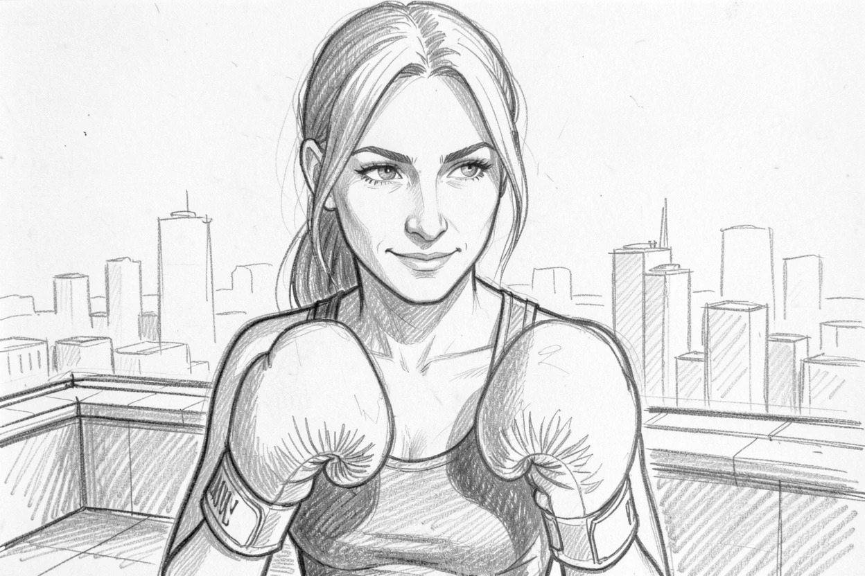 Intimate close-up of a determined female boxer on a rooftop overlooking the city, with a faint, knowing smile.